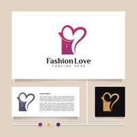 création de logo d'amour de mode créative pour l'image de marque de l'entreprise. combinaison de beauté de robe de mode féminine et de forme de coeur vecteur