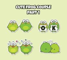 ensemble de couple kawaii mignon petit autocollant grenouille expression emoji dire ok heureux et câlin émoticône vecteur