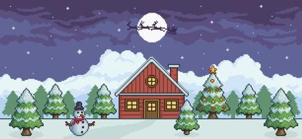 paysage de noël pixel art la nuit avec maison rouge, arbre de noël, bonhomme de neige, père noël, pins et fond de jeu de neige 8 bits vecteur
