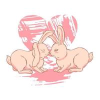 deux lapins roses romantiques mignons sont assis sur le fond du coeur. vecteur