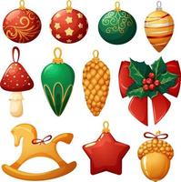 ensemble de jouets, ballons et décorations de sapin de noël aux couleurs or, rouge et vert vecteur
