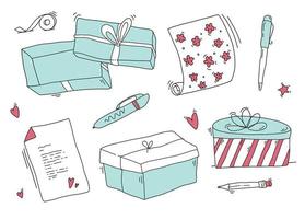 ensemble d'icônes cadeaux faisant le thème. ciseaux, boîtes à cadeaux emballées dans du papier décoratif et nœuds, clapet, bouteille de colle et bouquet de fleurs, ruban, enveloppe vecteur