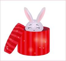 le lapin est assis dans une boîte cadeau en carton. surprise de noël. joyeux noël et bonne année clipart. lapin isolé sur fond blanc. vecteur