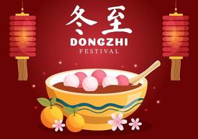 dongzhi ou modèle de festival du solstice d'hiver illustration plate de dessin animé dessiné à la main avec la famille profitant de la cuisine chinoise concept tangyuan et jiaozi vecteur