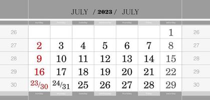 bloc de calendrier trimestriel de juillet 2023. calendrier mural en anglais, la semaine commence le dimanche. vecteur