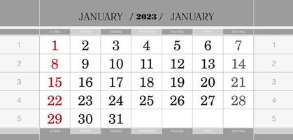 bloc de calendrier trimestriel de janvier 2023. calendrier mural en anglais, la semaine commence le dimanche. vecteur