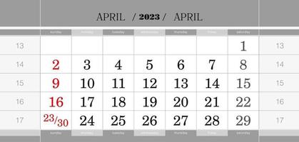 bloc de calendrier trimestriel d'avril 2023. calendrier mural en anglais, la semaine commence le dimanche. vecteur