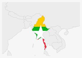 carte du myanmar mise en évidence dans les couleurs du drapeau du myanmar vecteur