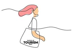 une seule ligne continue de la journée mondiale du tourisme avec des vacances pour filles. vecteur