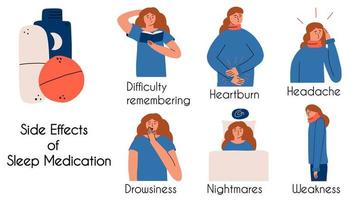 infographie des effets secondaires des nouveaux médicaments. la fille souffre de brûlures d'estomac, de maux de tête, de faiblesse. illustration vectorielle de dessin à la main. vecteur