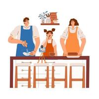 une famille heureuse réalise une vidéo pour un blog culinaire. maman, papa et fille cuisinent ensemble dans la cuisine. illustration vectorielle dans un style dessiné à la main. vecteur
