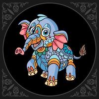 Arts de mandala de dessin animé mignon éléphant coloré isolé sur fond noir vecteur