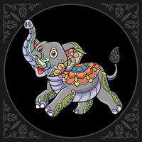Arts de mandala de dessin animé mignon éléphant coloré isolé sur fond noir vecteur