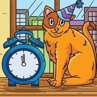 dessin animé coloré de chat et d'horloge de compte à rebours du nouvel an vecteur