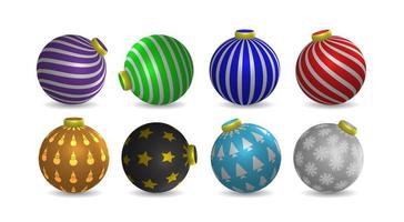 ensemble de décoration de boule de noël, collection d'éléments de boule colorés avec divers motifs de motifs, vecteur d'illustration 3d