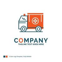 ambulance. un camion. médical. aider. création de logo de camionnette. design de nom de marque bleu et orange. place pour le slogan. modèle de logo d'entreprise. vecteur