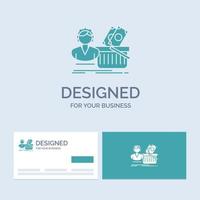 un salaire. achats. corbeille. achats. symbole d'icône de glyphe de logo d'entreprise féminine pour votre entreprise. cartes de visite turquoise avec modèle de logo de marque. vecteur