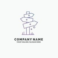 direction. planche. camping. pancarte. étiquette modèle de logo d'entreprise violet. place pour le slogan vecteur