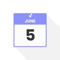 icône du calendrier du 5 juin. date, mois calendrier icône illustration vectorielle vecteur