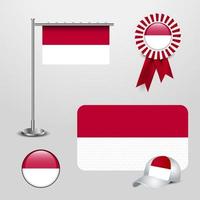 drapeau du pays indonésien accroché au poteau. bannière d'insigne de ruban. chapeau de sport et bouton rond vecteur
