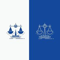 solde. décision. Justice. droit. ligne d'échelle et bouton web glyphe dans une bannière verticale de couleur bleue pour ui et ux. site web ou application mobile vecteur