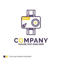 création de logo de nom de société pour appareil photo. action. numérique. vidéo. photo. conception de nom de marque violet et jaune avec place pour le slogan. modèle de logo créatif pour petites et grandes entreprises. vecteur