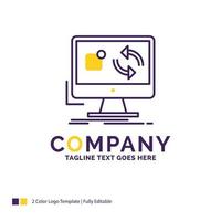 création du logo du nom de l'entreprise pour la mise à jour. application. application. installer. synchroniser. conception de nom de marque violet et jaune avec place pour le slogan. modèle de logo créatif pour petites et grandes entreprises. vecteur