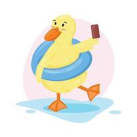 illustration de dessin animé avec un mignon canard jaune mangeant de la glace au chocolat. canard dans l'anneau de natation. illustration de dessin animé d'été du canard. vecteur