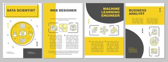 modèle de brochure jaune des professions à la mode. emplois populaires. conception de dépliant avec des icônes linéaires. 4 mises en page vectorielles modifiables pour la présentation, les rapports annuels. vecteur