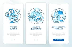 processus de coaching efficace écran d'application mobile d'intégration bleu. instructions graphiques modifiables en 3 étapes avec des concepts linéaires. ui, ux, modèle d'interface graphique. vecteur