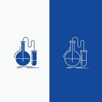 une analyse. chimie. ballon. rechercher. ligne de test et bouton web glyphe dans une bannière verticale de couleur bleue pour ui et ux. site web ou application mobile vecteur