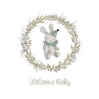 carte de bienvenue bébé aquarelle avec couronne de feuilles vertes, lapin en peluche. isolé sur fond blanc. cliparts dessinés à la main. parfait pour la carte, la carte postale, l'étiquette, l'invitation, l'impression, l'emballage. vecteur