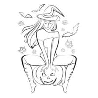 sorcière au chapeau de sorcière assis sur la lanterne de citrouille d'halloween vecteur ligne art illustration sur fond blanc. femme sorcière avec des chauves-souris et des feuilles d'automne croquis noir et blanc .concept de design halloween