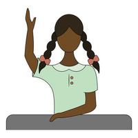 l'écolière lève la main pour répondre à la question. fille afro-américaine avec des nattes est assise à une vue de face de bureau d'école. chemisier vert. illustration vectorielle de couleur. style bande dessinée. thème de l'école. vecteur