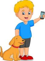 dessin animé petit garçon tenant un téléphone portable avec son chien vecteur