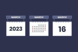 Conception du calendrier 2023 icône du 16 mars. Calendrier du 16 mars, rendez-vous, concept de date importante. vecteur