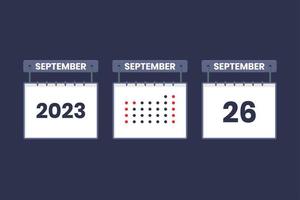 Conception du calendrier 2023 icône du 26 septembre. Calendrier du 26 septembre, rendez-vous, concept de date importante. vecteur