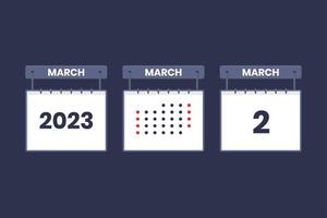 Conception du calendrier 2023 icône du 2 mars. Calendrier du 2 mars, rendez-vous, concept de date importante. vecteur