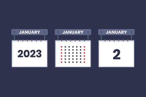 Conception du calendrier 2023 icône du 2 janvier. Calendrier du 2 janvier, rendez-vous, concept de date importante. vecteur