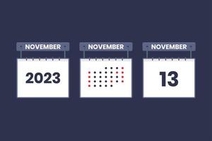 Conception du calendrier 2023 icône du 13 novembre. Calendrier du 13 novembre, rendez-vous, concept de date importante. vecteur