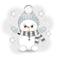 mignon bonhomme de neige de noël avec des étoiles vector illustration