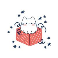 dessiner un chat drôle assis dans une boîte cadeau pour noël et l'hiver illustration vectorielle collection de personnages chat drôle pour noël et nouvel an. style de dessin animé de griffonnage. vecteur