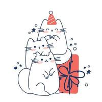 dessiner des chats drôles avec une boîte-cadeau pour noël et l'hiver collection de personnages d'illustration vectorielle chat drôle pour noël et nouvel an. style de dessin animé de griffonnage. vecteur