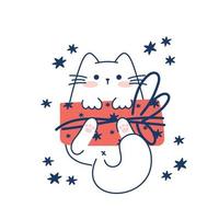 dessiner un chat drôle avec une boîte-cadeau pour noël et l'hiver collection de personnages d'illustration vectorielle chat drôle pour noël et nouvel an. style de dessin animé de griffonnage. vecteur