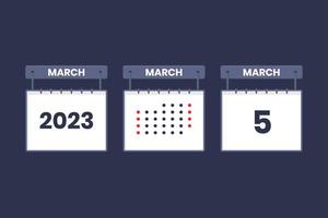 Conception du calendrier 2023 icône du 5 mars. Calendrier du 5 mars, rendez-vous, concept de date importante. vecteur