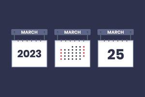 Conception du calendrier 2023 icône du 25 mars. Calendrier du 25 mars, rendez-vous, concept de date importante. vecteur