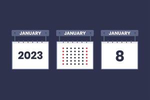Conception du calendrier 2023 icône du 8 janvier. Calendrier du 8 janvier, rendez-vous, concept de date importante. vecteur