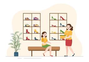 magasin de chaussures avec nouvelle collection hommes ou femmes divers modèles ou couleurs de baskets et talons hauts en dessin animé plat illustration de modèles dessinés à la main vecteur