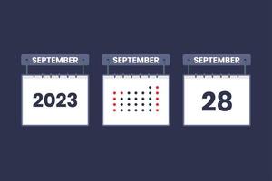 Conception du calendrier 2023 icône du 28 septembre. Calendrier du 28 septembre, rendez-vous, concept de date importante. vecteur