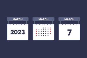 Conception du calendrier 2023 icône du 7 mars. Calendrier du 7 mars, rendez-vous, concept de date importante. vecteur
